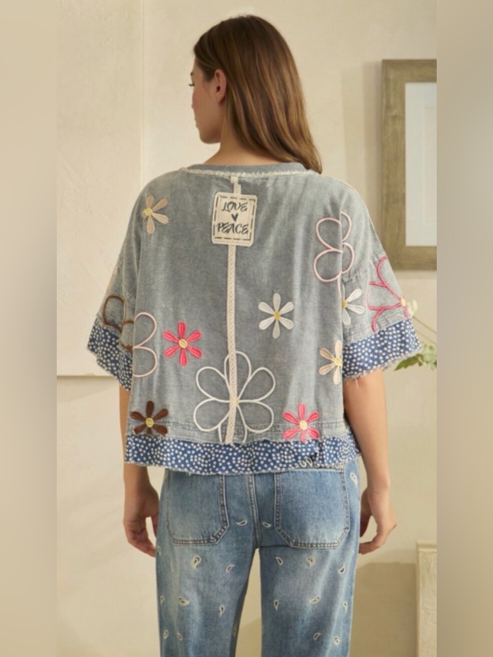 Oli & Hali Embroidered Floral Boxy Top - Grey with Pink & White Accents